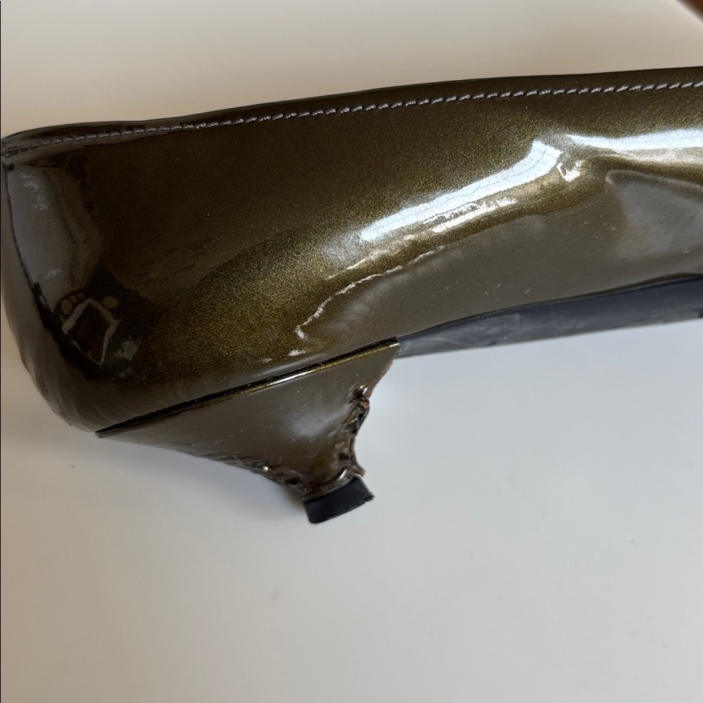 Prada Olive Patent Leather Loafers with Silver Hardware - Picture 4 of 8